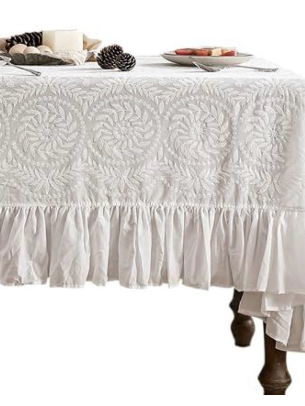 White Embroidered Ruffled Tablecloth - Classic Dining Linen